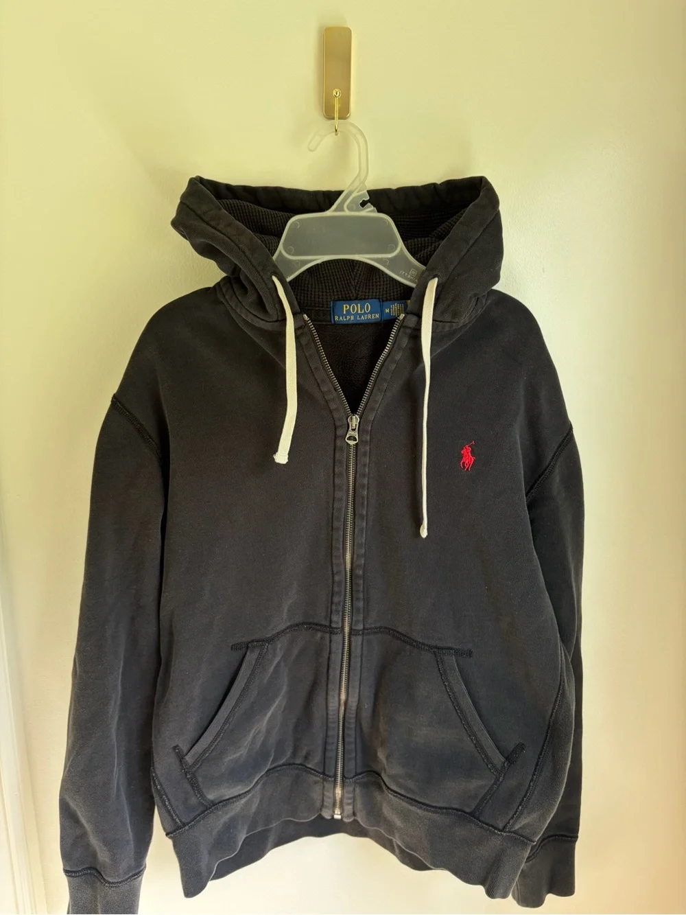 Ralph Lauren Black Zip Hoodie with White Drawstrings - Picture 1 of 6